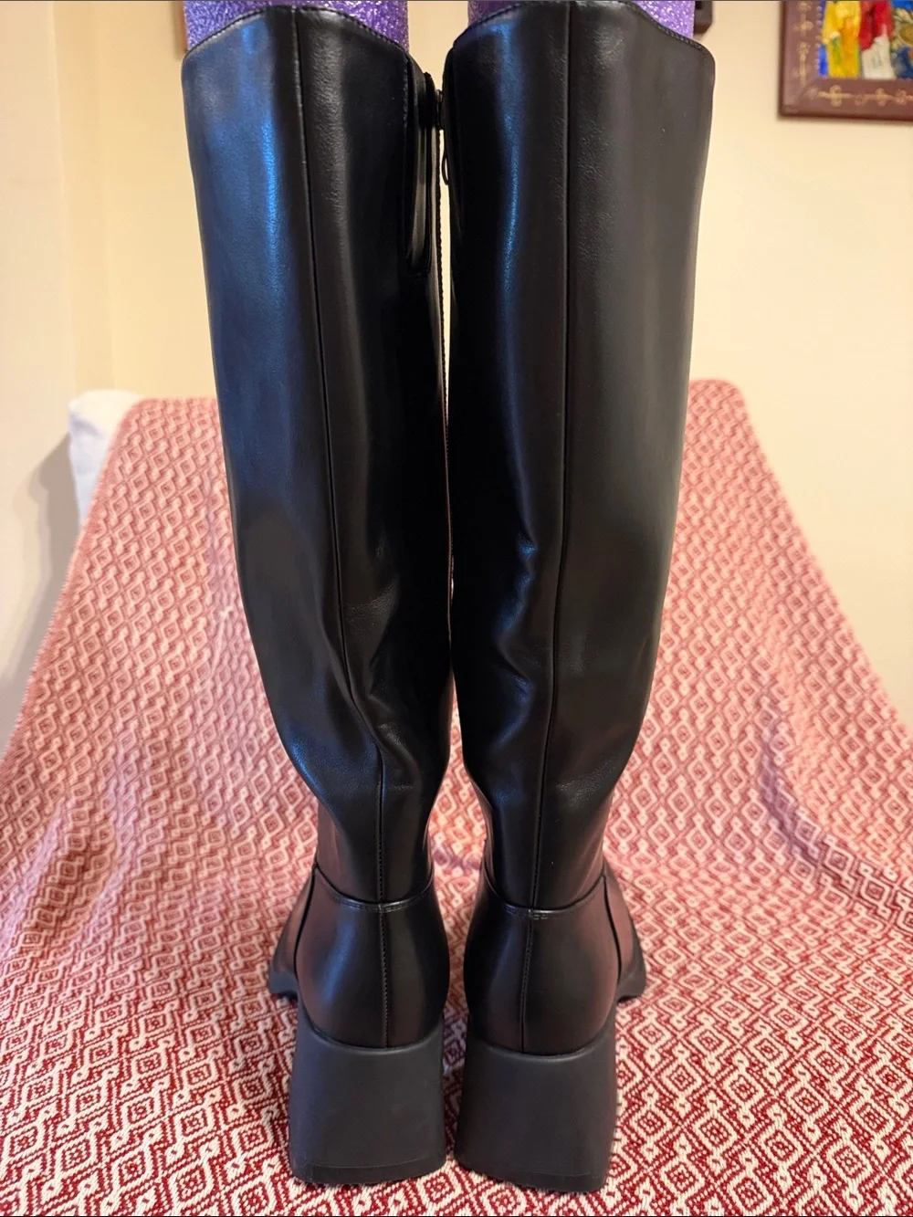 ISNOM Chunky Black Knee Platform Boots with Block Heel